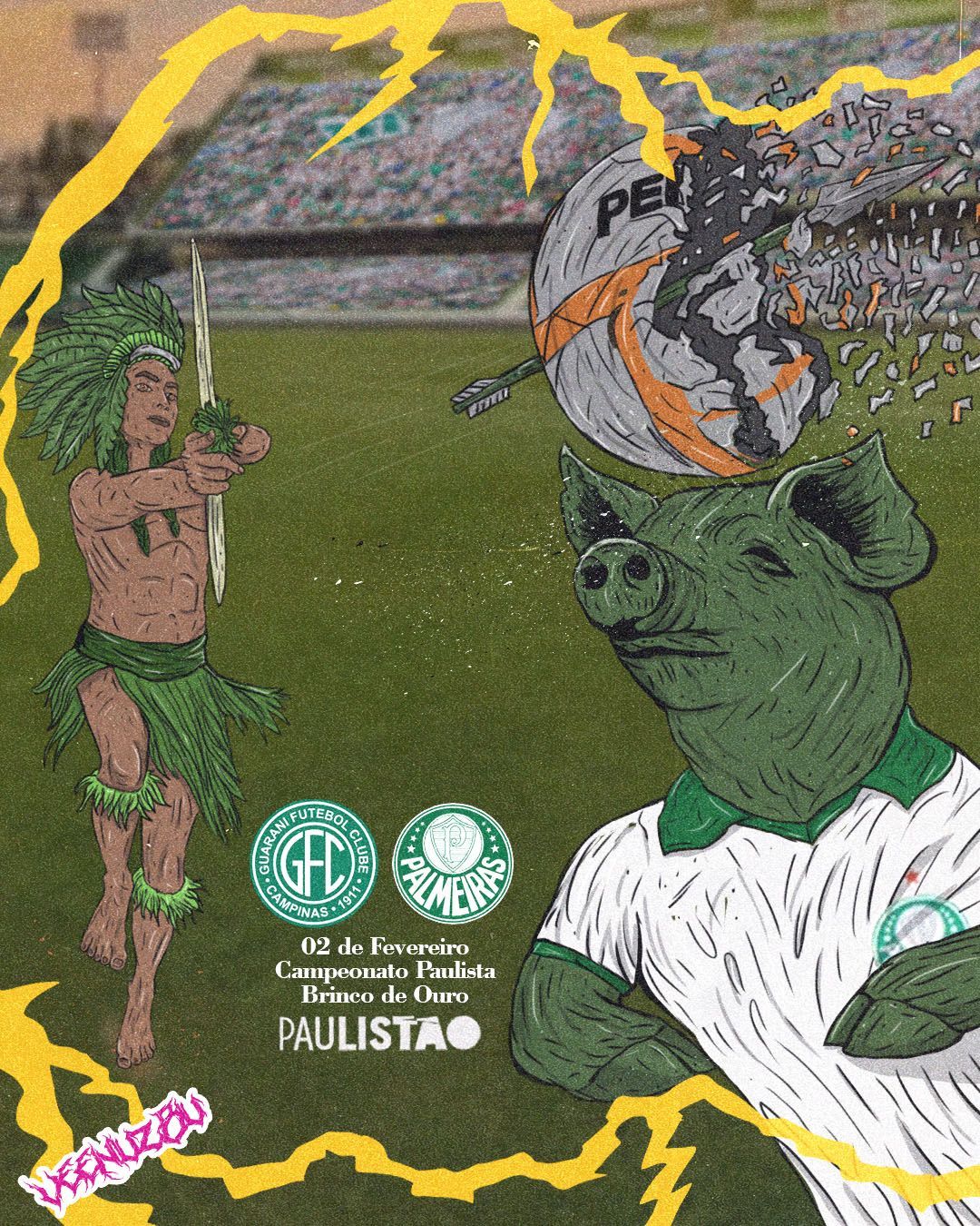 Soccer poster with cartoon players, lightning, and São Paulo “Paulistão” logos on a green field.