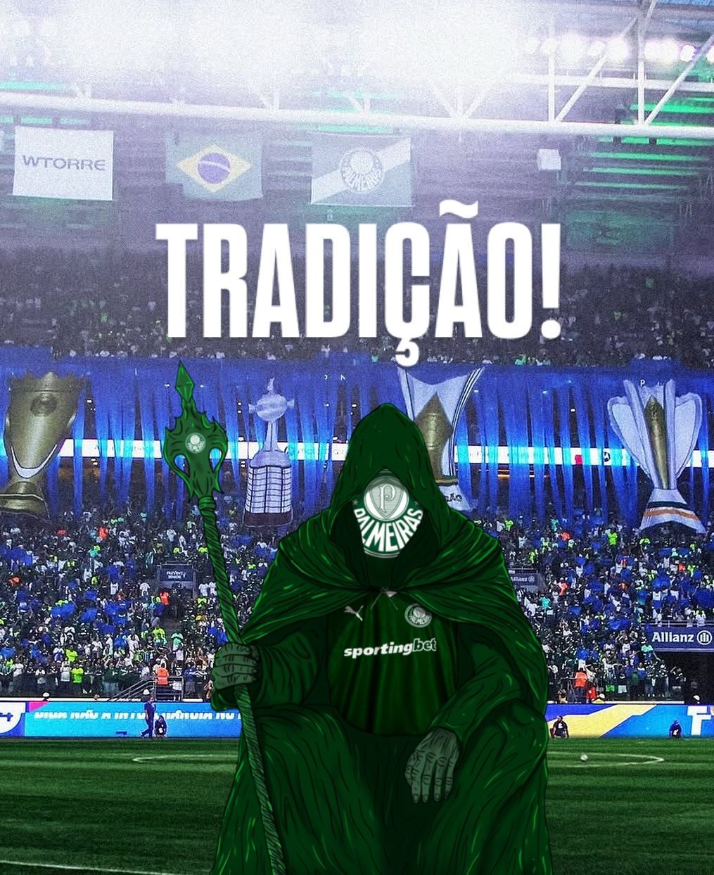 Torcedor mascarado com capa verde diante de um estádio lotado com “TRADIÇÃO!” no placar.