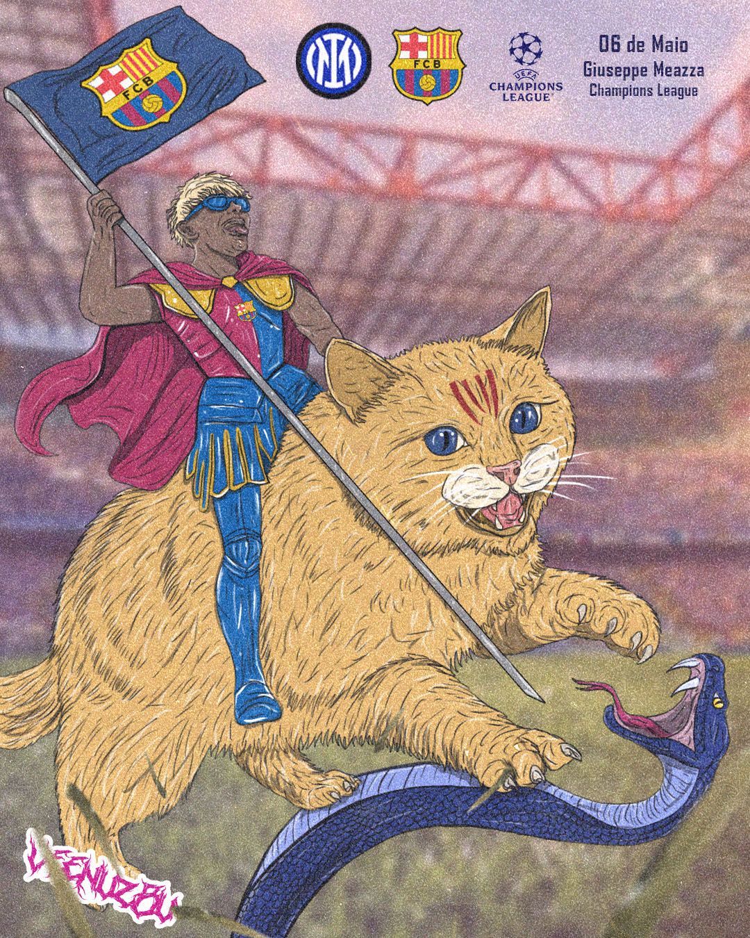 Ilustração com o tema do FC Barcelona, ​​mostrando um gato gigante carregando um cavaleiro com uma bandeira em um estádio.