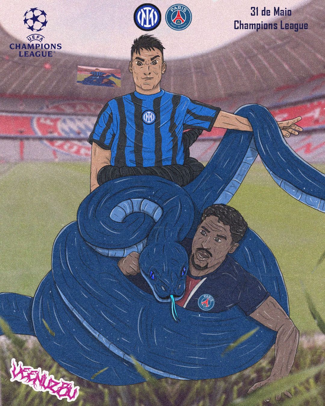 Pôster da Liga dos Campeões: Jogadores do PSG com uniformes azul-escuros comemoram em um estádio com a arte do troféu.