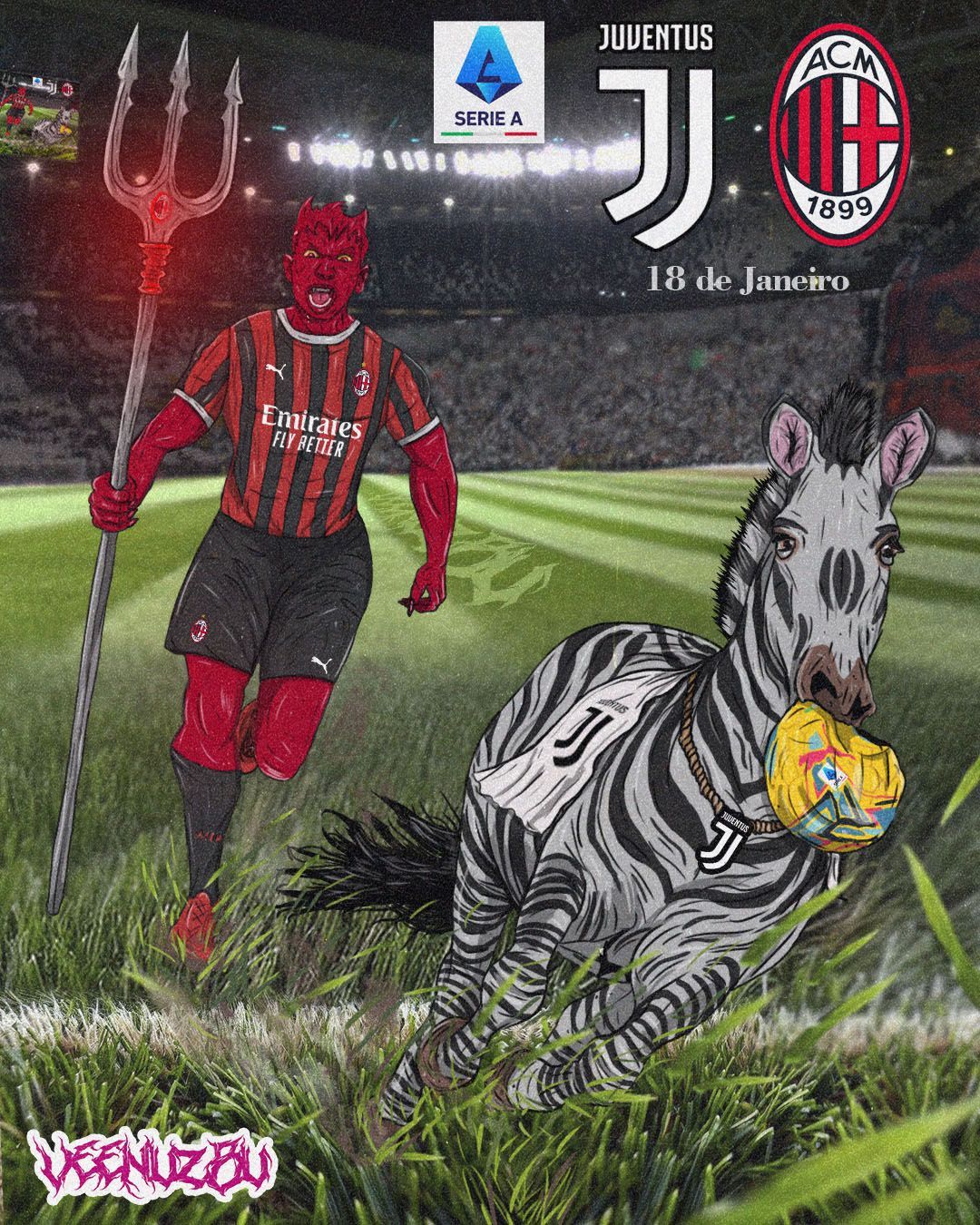 Logotipos da Juventus e do AC Milan acima de um jogador de vermelho e preto ao lado de uma zebra com uma bola de futebol.