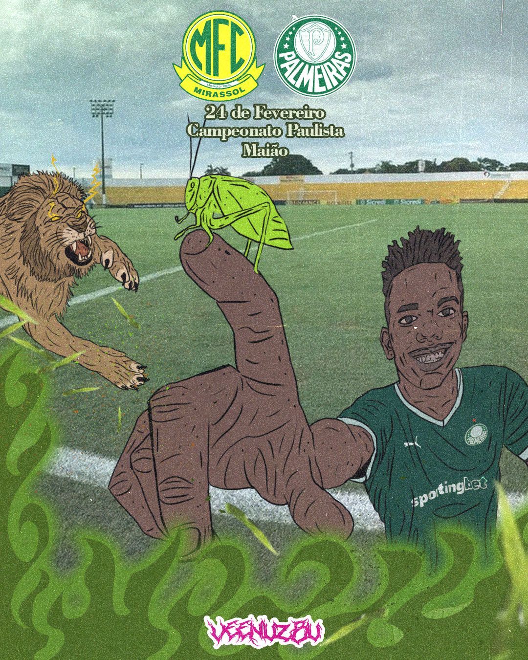 Pôster de futebol com jogador vestido de verde, gesto amplo com a mão e logotipos do clube sobre um fundo de estádio.