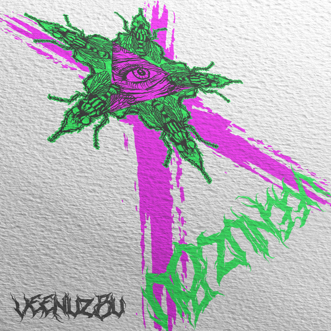 Olho abstrato em estilo grafite com explosões magenta e verde sobre um fundo cinza texturizado.