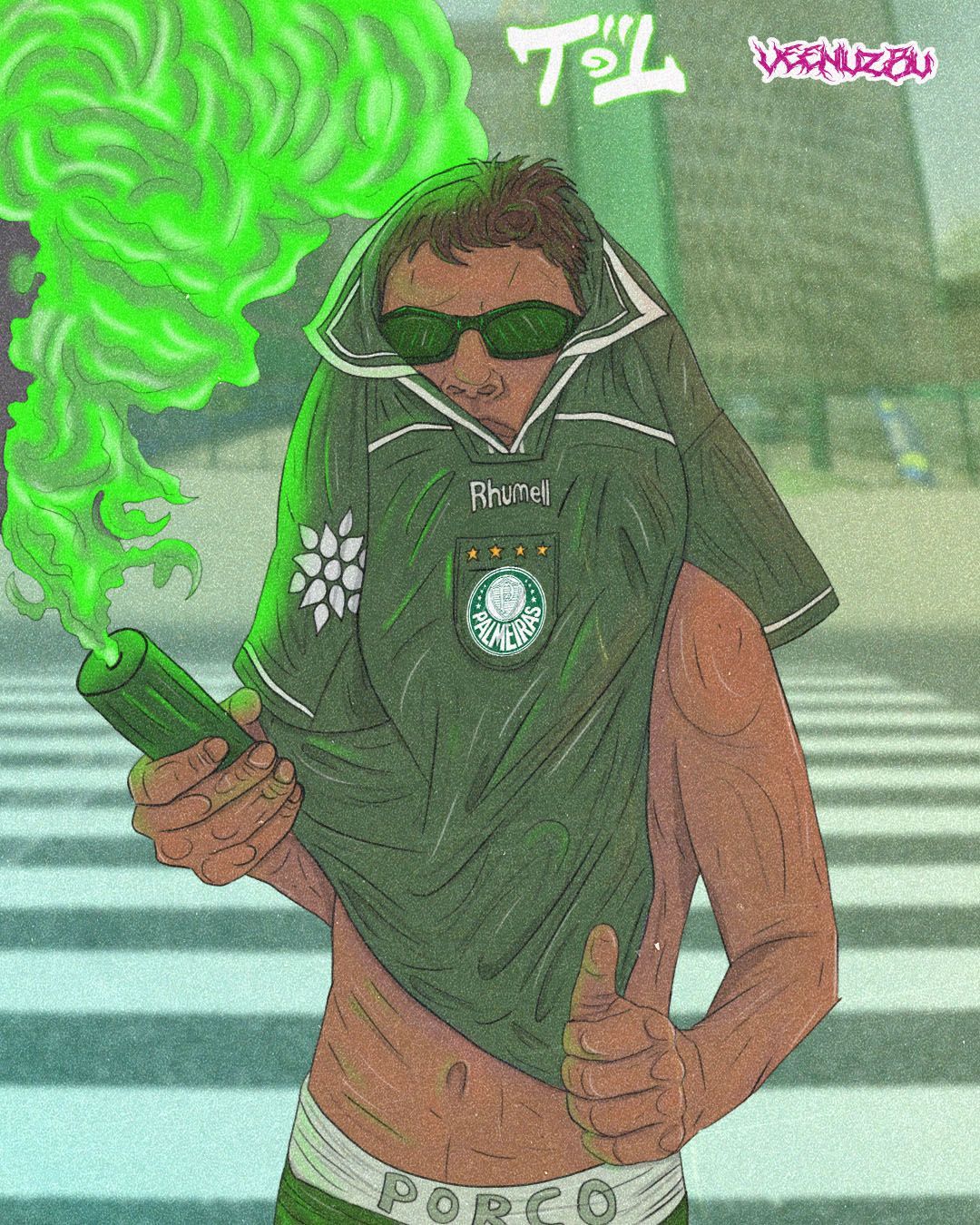 Figura estilizada com óculos de sol e camisa verdes, segurando um dispositivo para fumar com fumaça verde neon por perto.