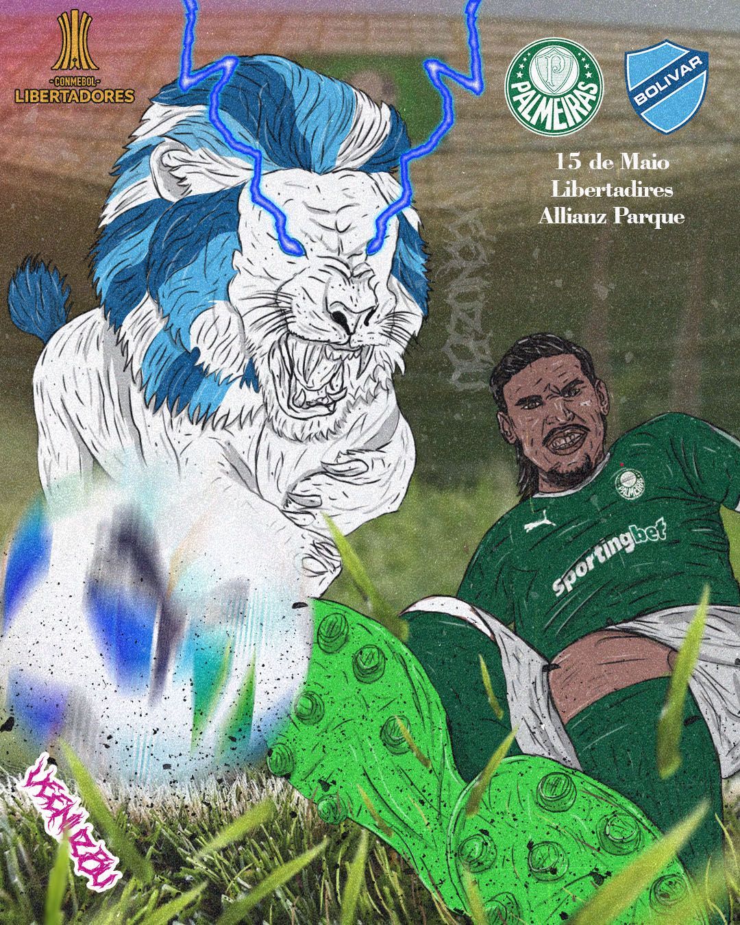 Mural de um tigre azul e branco ao lado de um jogador de futebol com uma camisa verde e logotipos de patrocinadores.