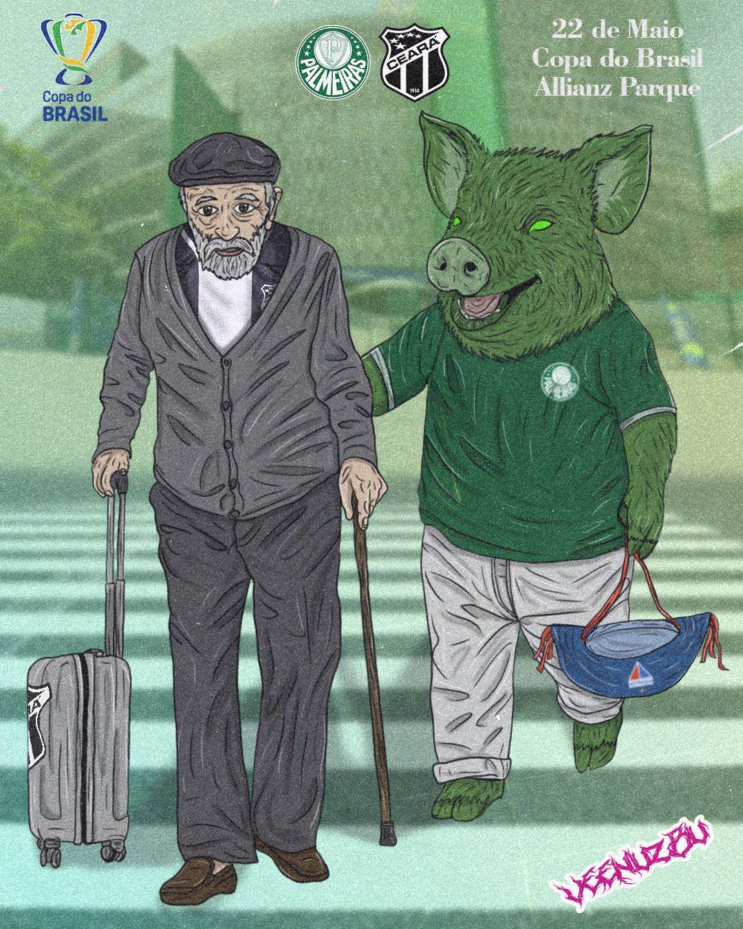 Desenho animado de um idoso e um mascote porco vestindo camisas de futebol, caminhando juntos; um deles carrega uma mala e uma bengala.