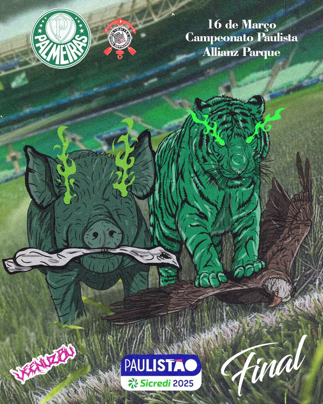 Pôster esportivo com tema de tigre verde, apresentando dois tigres, uma palmeira e detalhes da partida Palmeiras x São Paulo.