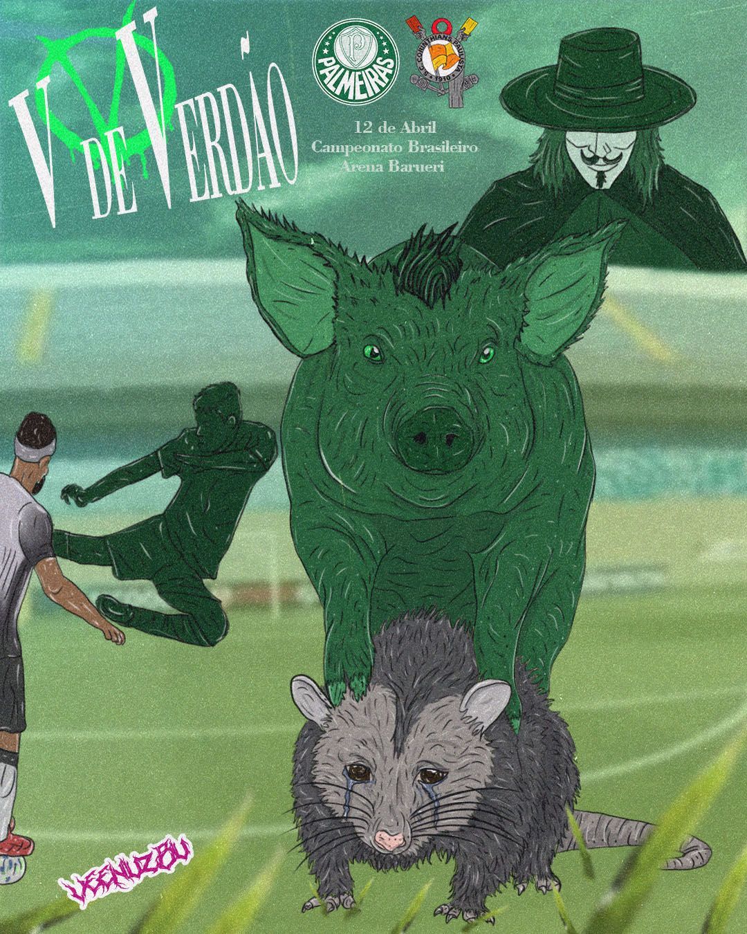 Mascote de porco verde com um filhote de lobo à frente, campo de futebol ao fundo e o texto “La Verdad”.