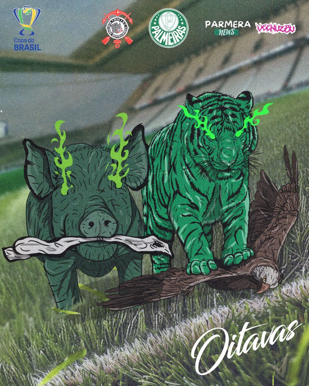 Tigre e elefante verdes com plantas crescendo em um campo calcário, com logotipos na parte superior e o texto 