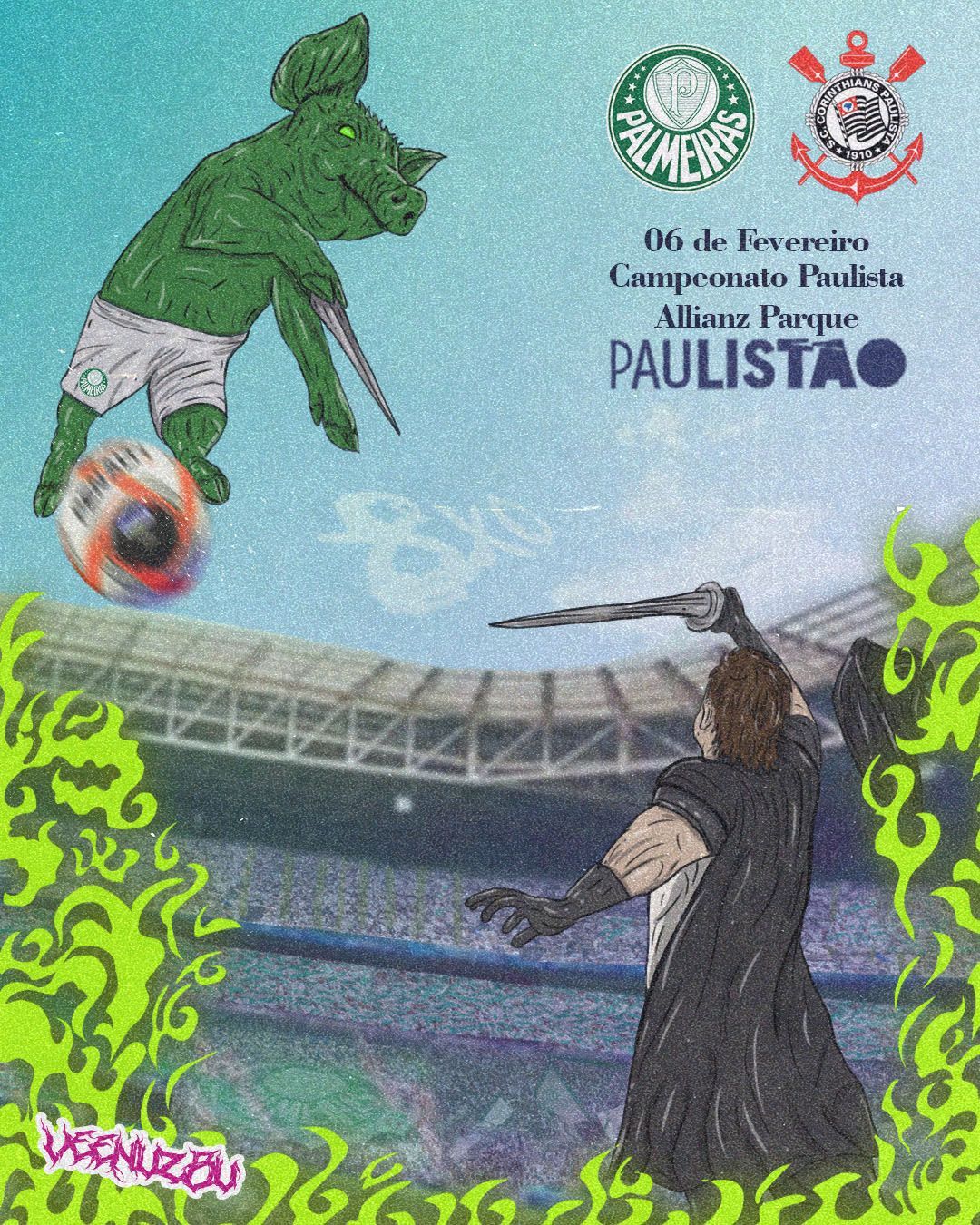 Pôster de futebol com jogadores verdes e pretos sob o escudo do campeonato paulista, fundo de estádio e detalhes em chamas.