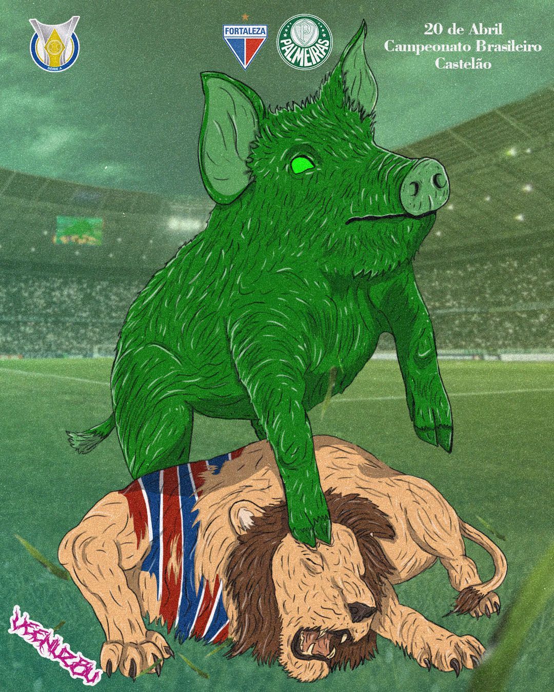 Porco verde em pé sobre um jogador de rugby deitado no campo, com logotipos e texto ao fundo.
