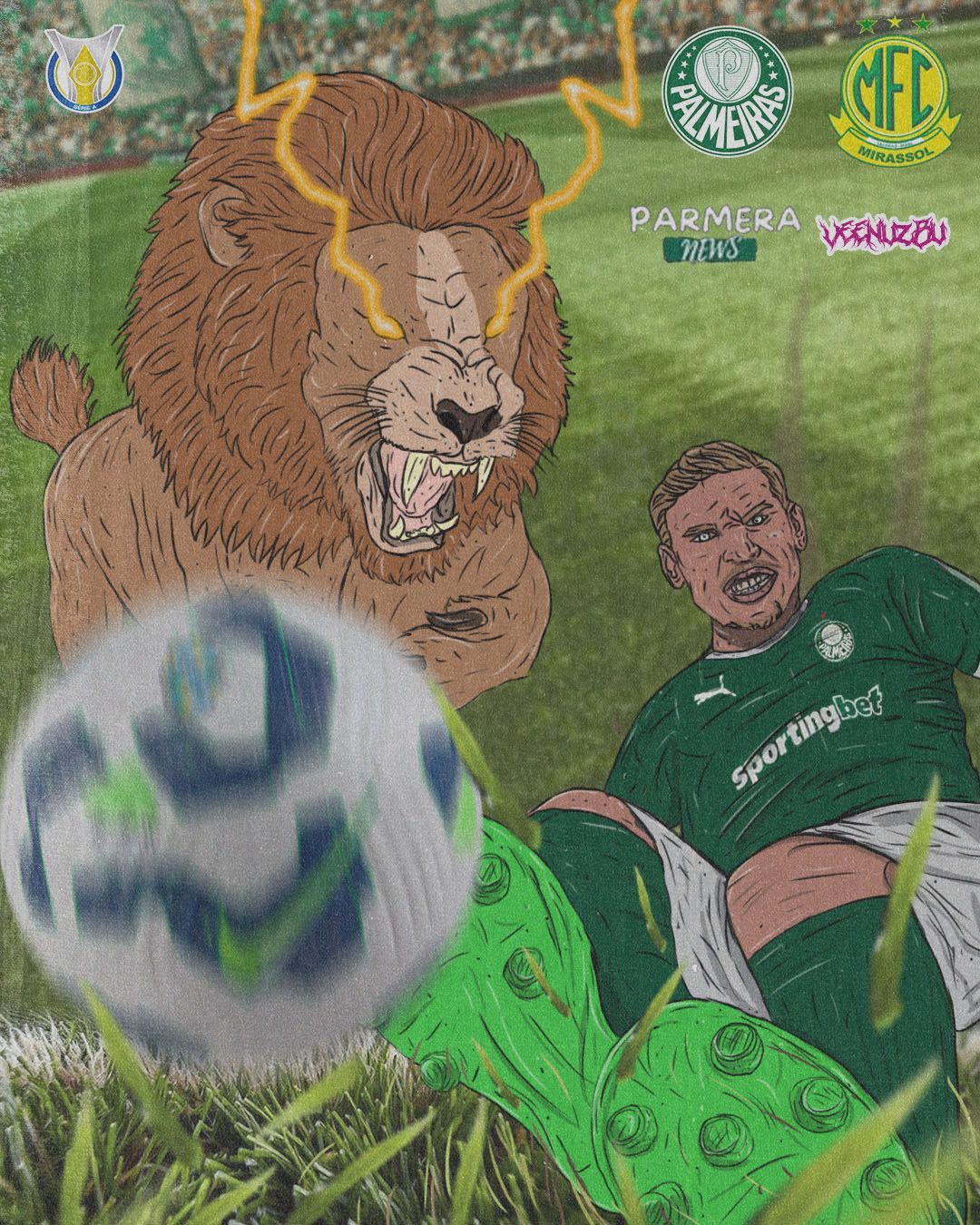 Mural estilizado de futebol com um leão, um jogador de verde e uma bola desfocada em primeiro plano.