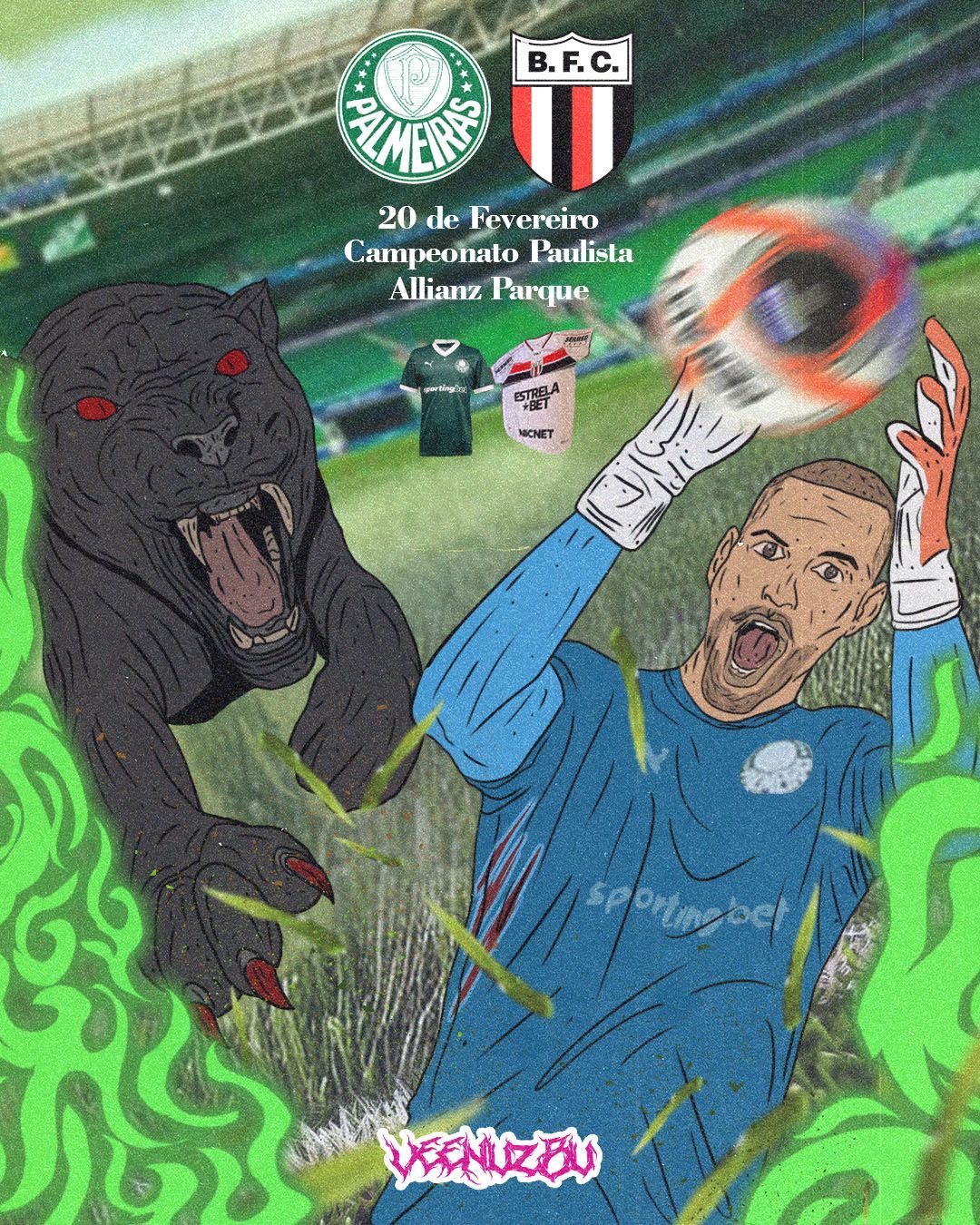 Pôster de futebol: goleiro de azul tenta alcançar uma bola enquanto um lobo negro surge ao seu lado, com chamas verdes abaixo.