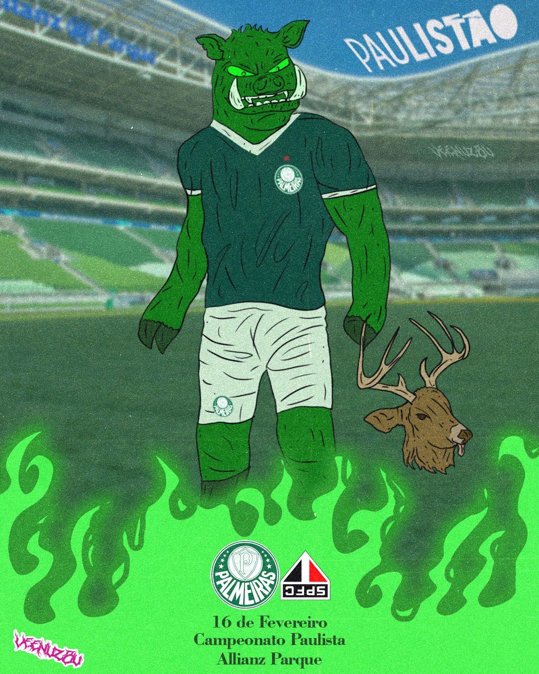 Jogador de futebol verde de desenho animado em um estádio, com chamas e um emblema de troféu abaixo, sob a palavra “PAULISTÃO”.