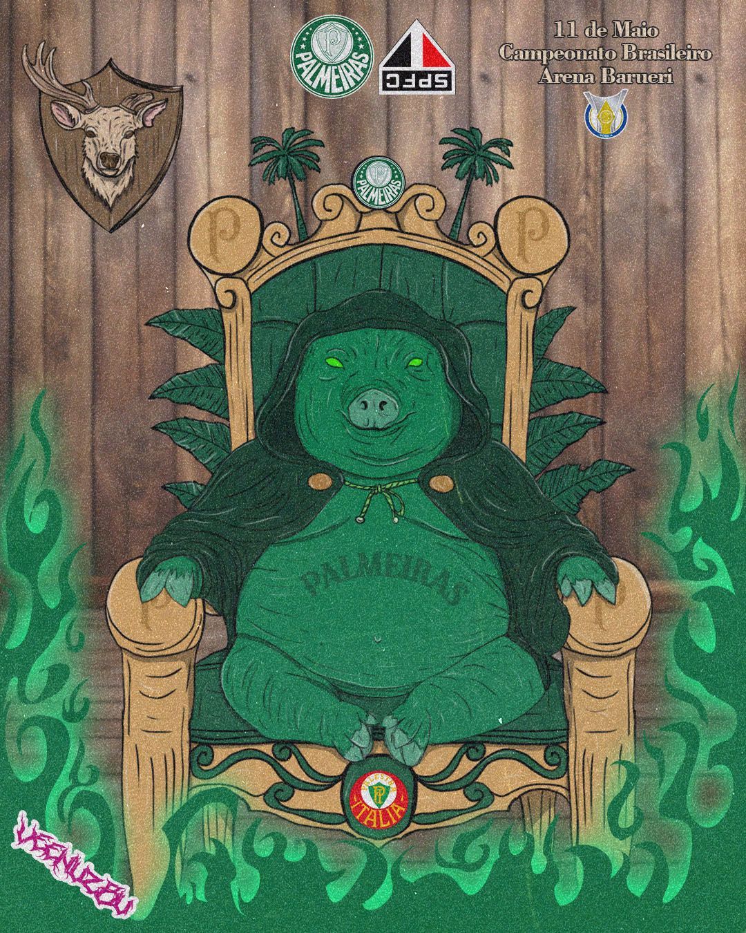 Rã verde sentada em um trono ornamentado em meio a chamas, com fundo de painéis de madeira e pequenos emblemas acima.