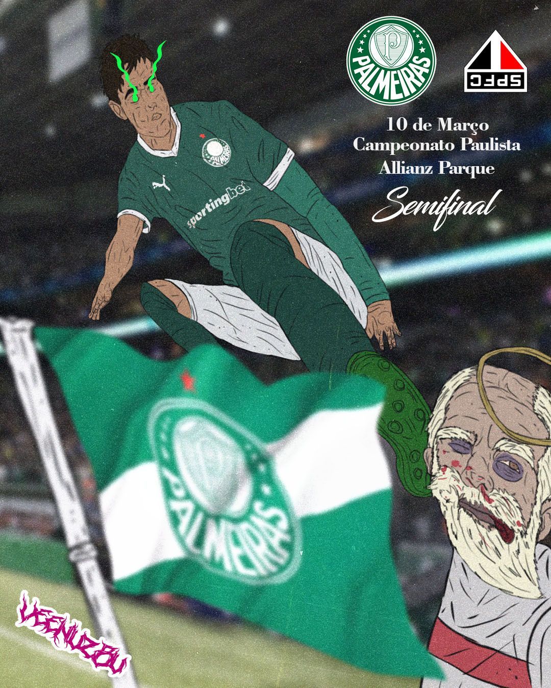 Jogador do Palmeiras com camisa verde, acenando com a bandeira com o escudo do time, em um cartaz da partida semifinal.