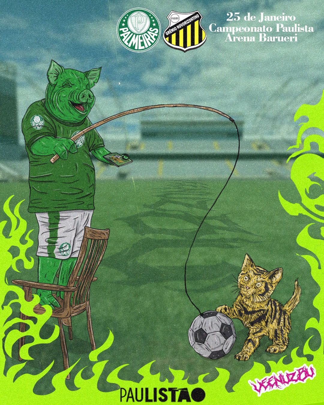 Cartaz com mascote verde pescando ao lado de cachorro com bola, com “Paulistão” e “XXVIII” na base.