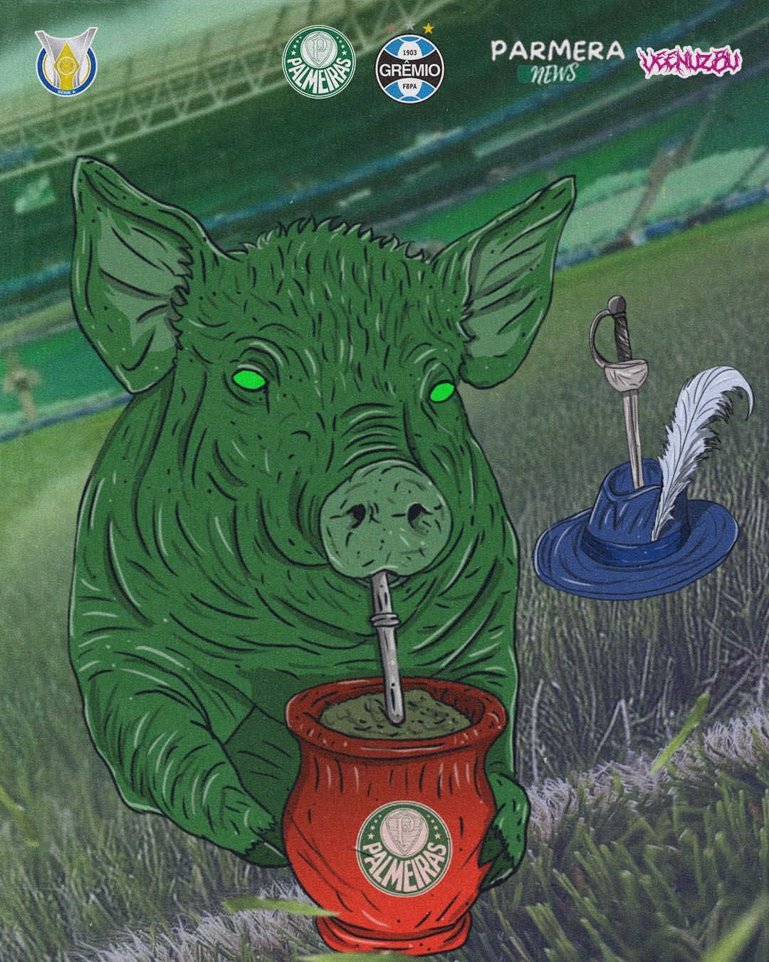 Javali verde em uma xícara vermelha de mate, bebendo com um canudo ao lado de uma xícara azul e banners com logotipos.