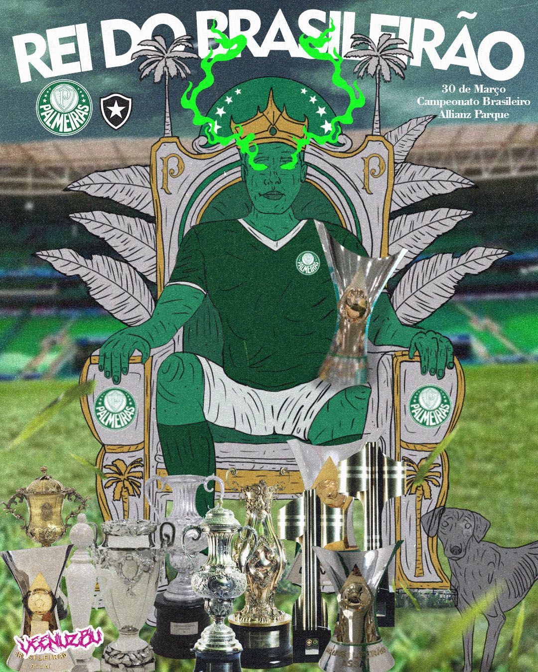 Pôster esportivo com tema verde, apresentando um trono, taças de troféu e a inscrição “REI DO BRASILEIRÃO”.