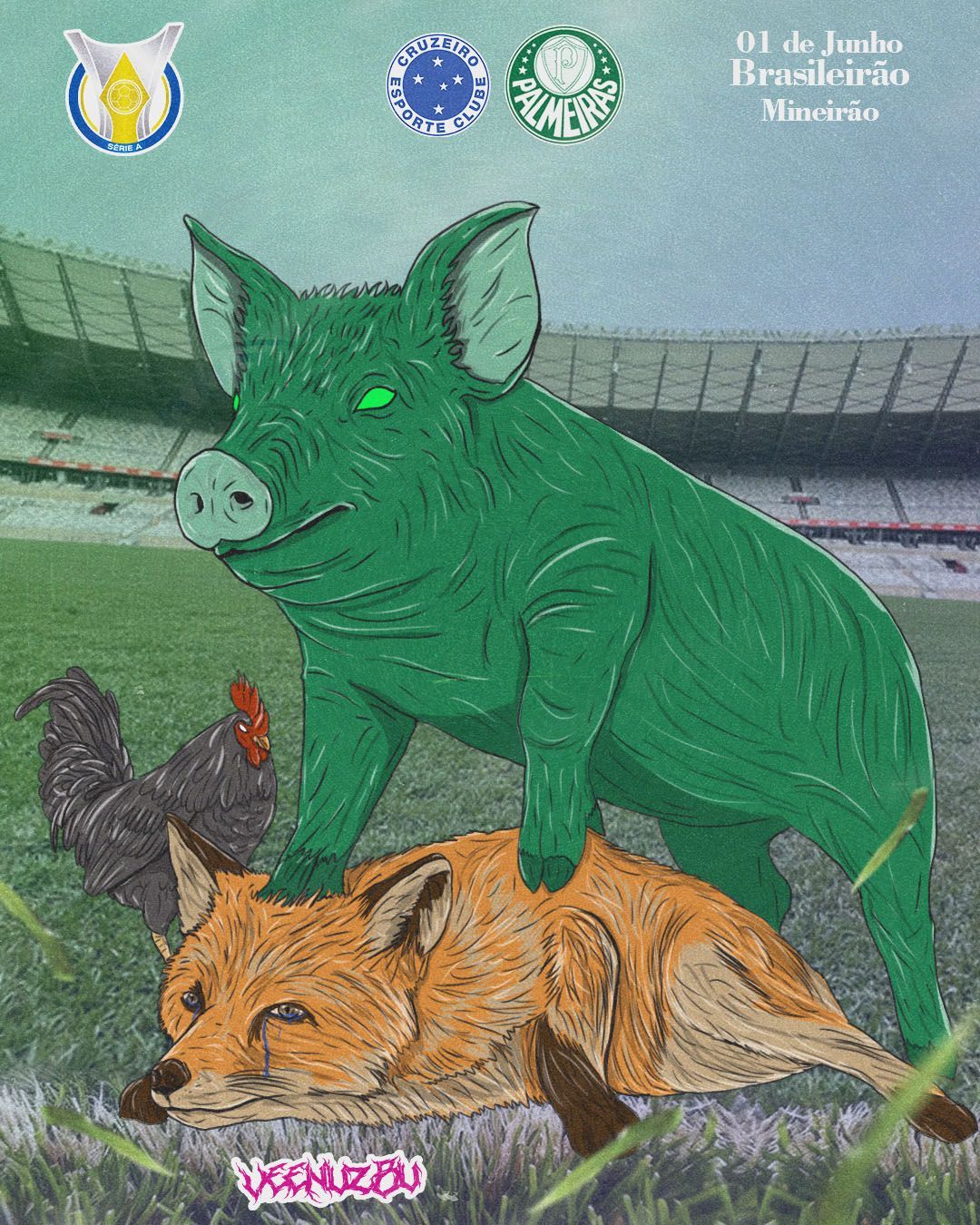 Dois javalis verdes, um em pé sobre um javali laranja menor, em um cenário de estádio.