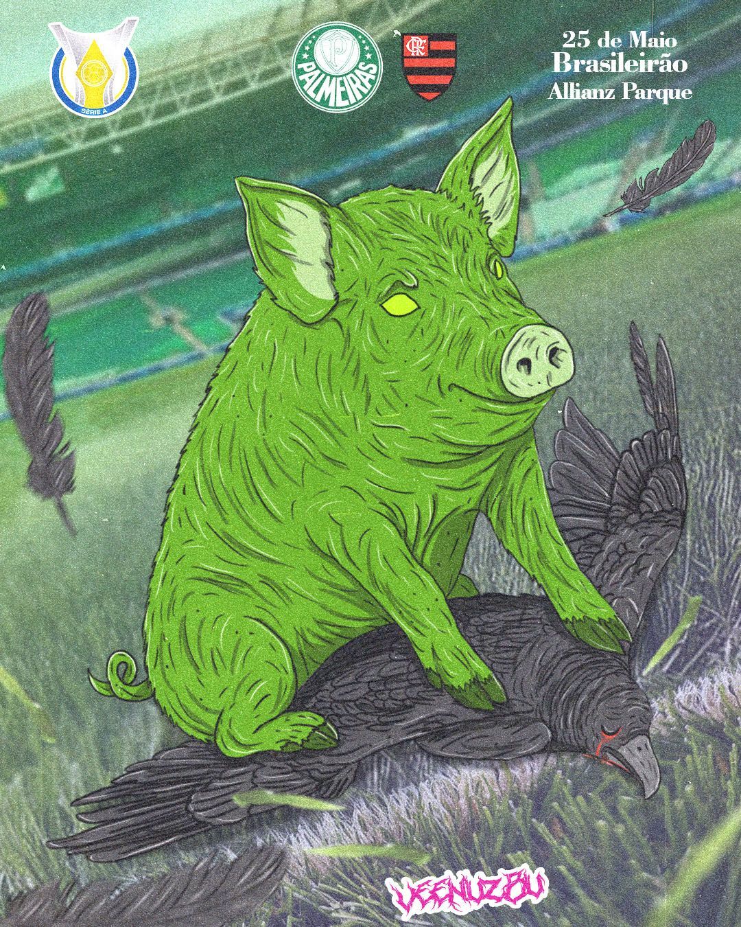 Javali verde sentado sobre um pássaro morto em uma cena estilizada de campo com logotipos no topo.