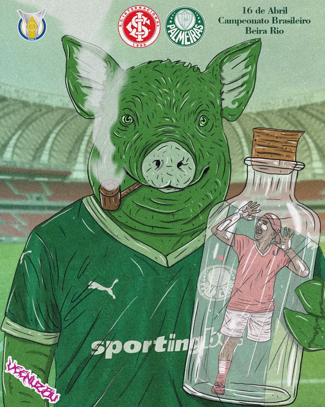 Um porco verde de desenho animado, vestindo uma camisa do Sporting CP, segura uma garrafa com um jogador de futebol dentro.