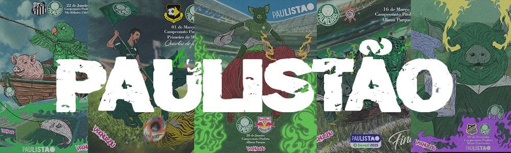 Faixa “PAULISTÃO” com gráficos coloridos com tema de futebol e cartões de jogadores ao fundo.