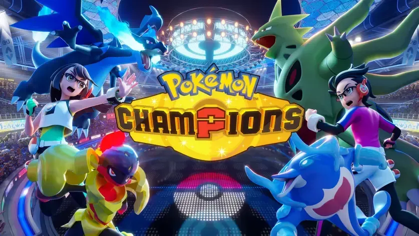 Arte conceitual do jogo Pokémon Champions com treinadores e Pokémon ao redor de uma arena de campeonato iluminada.