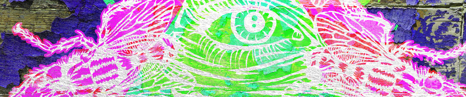 Rosto abstrato em cores neon com olhos verdes e detalhes em rosa e roxo sobre um fundo escuro.