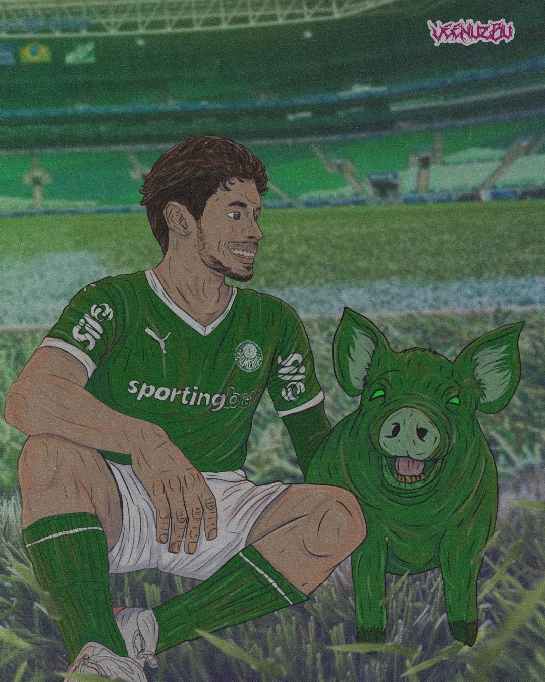 Jogador de futebol com uniforme verde agachado ao lado de um mascote de porco verde no campo do estádio