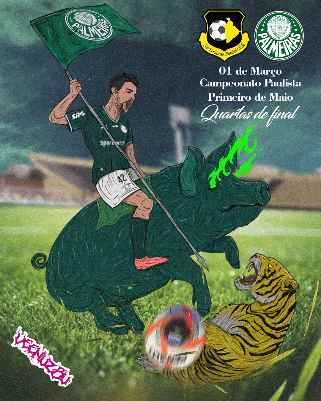Ilustração de um torcedor de futebol com um cavaleiro vestido de verde montado em um tigre, acenando com uma bandeira com uma bola e a inscrição 