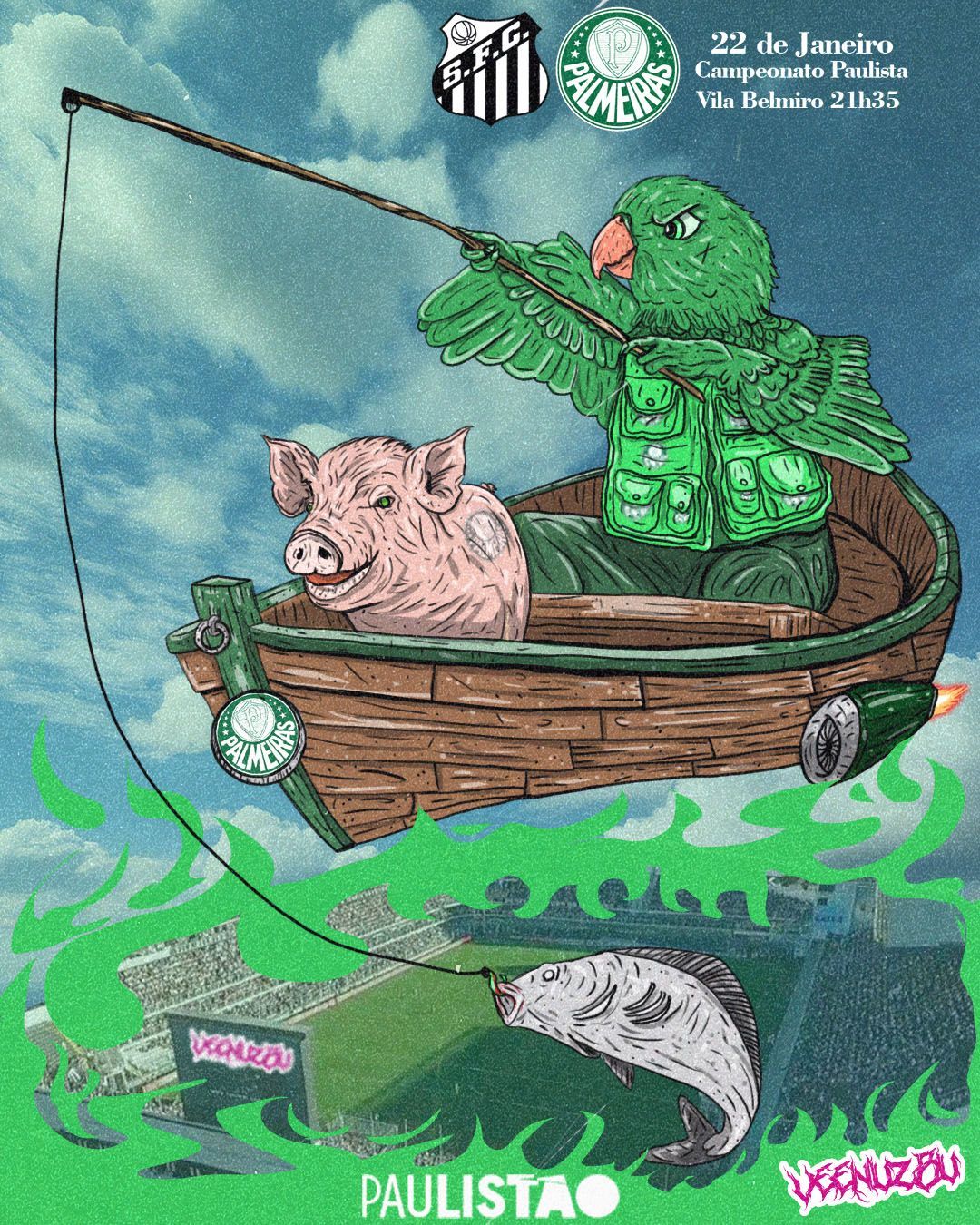 Papagaios de desenho animado em um barco de madeira com uma vara de pesca em água verde, com logotipos e texto de esportes.