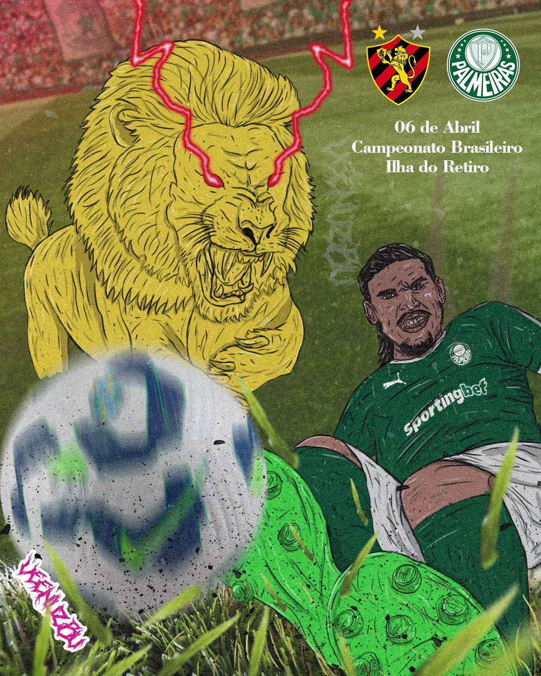Pôster de colagem de futebol com jogador de verde, bola desfocada, leão amarelo e texto em árabe sobre fundo verde.