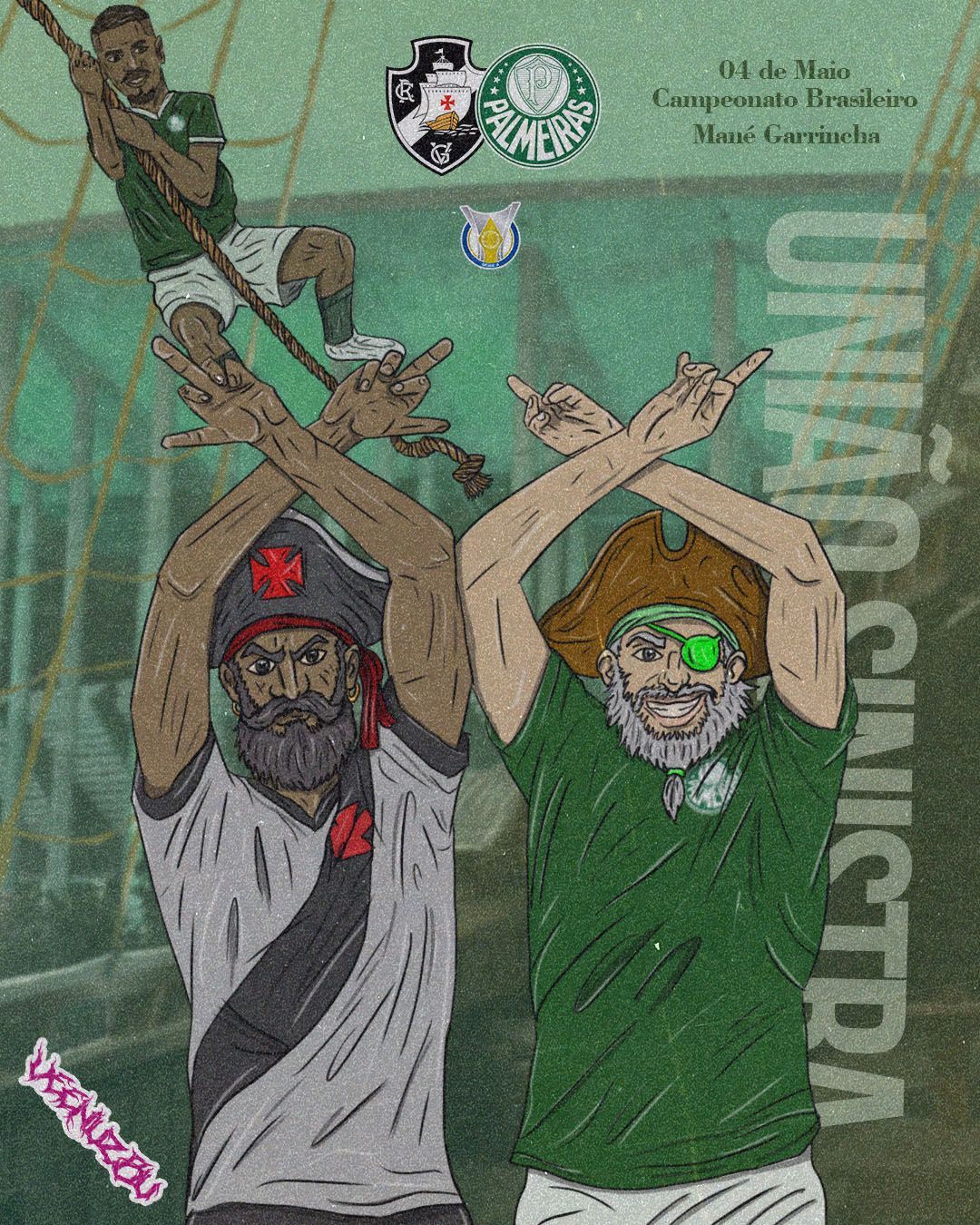 Torcedores vestidos de verde e branco cruzam os braços acima da cabeça em um mural com temática de futebol, que inclui o escudo do clube e figuras de árbitros.