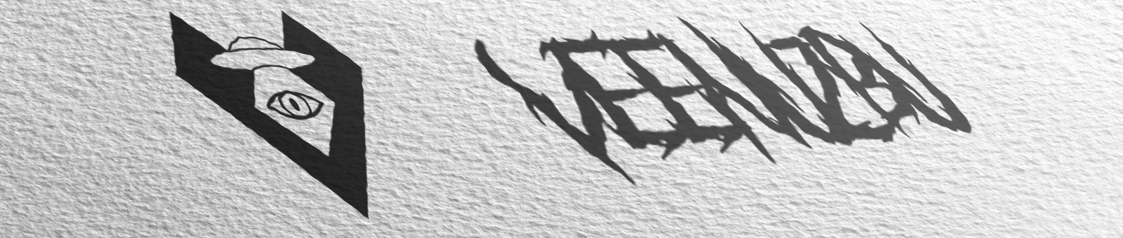 Logotipo em preto e branco com um olho estilizado e texto abstrato sobre um fundo cinza texturizado.