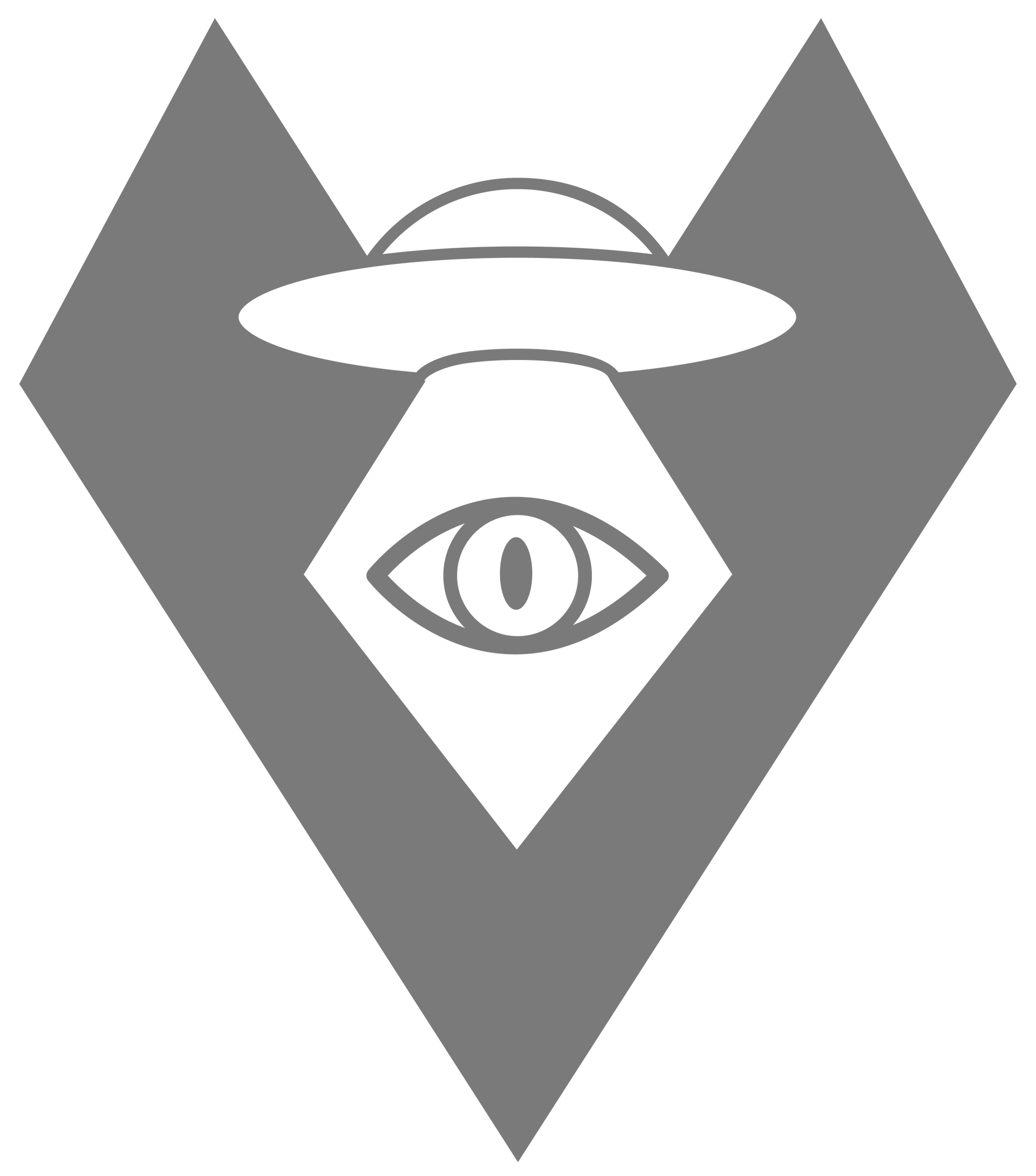 Emblema cinza com um olho estilizado dentro de um diamante e uma forma de OVNI alado acima.