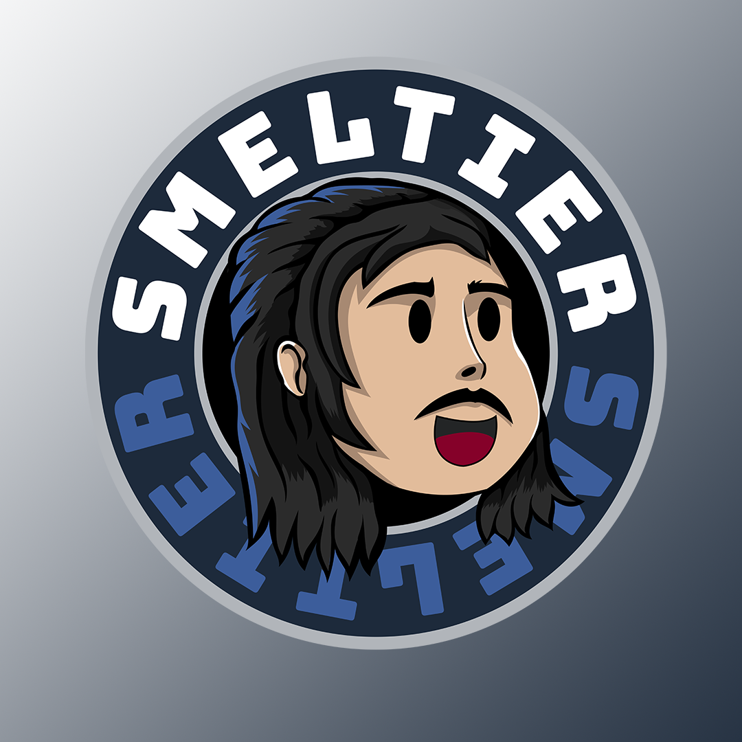 Logotipo circular preto e azul da Smelties com um rosto de desenho animado e letras brancas ao redor da borda.