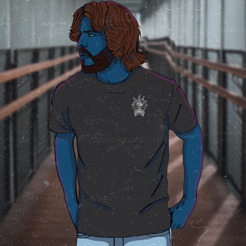 Ilustração de uma pessoa vestindo uma camiseta preta, em pé sobre uma ponte chuvosa com grades desfocadas ao fundo.