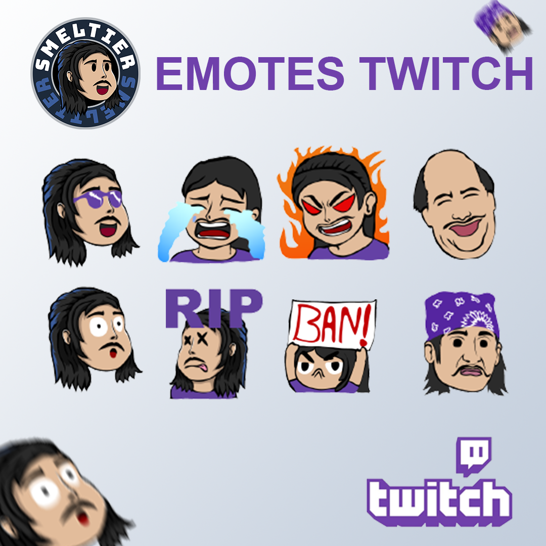 Colagem de emotes da Twitch com rostos de desenho animado, texto