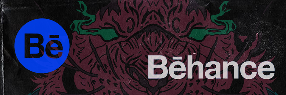 Youtube Veenuzbu Logotipo azul do Behance sobre um fundo escuro com padrão e espirais em tom bordô.