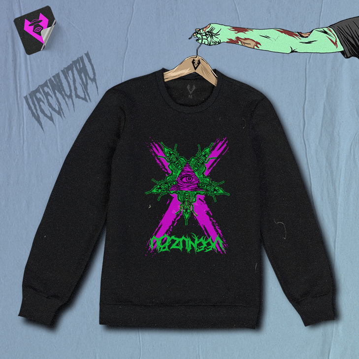 Moletom preto com logo gráfico em tons de roxo neon e verde pendurado em um cabide contra uma parede cinza.