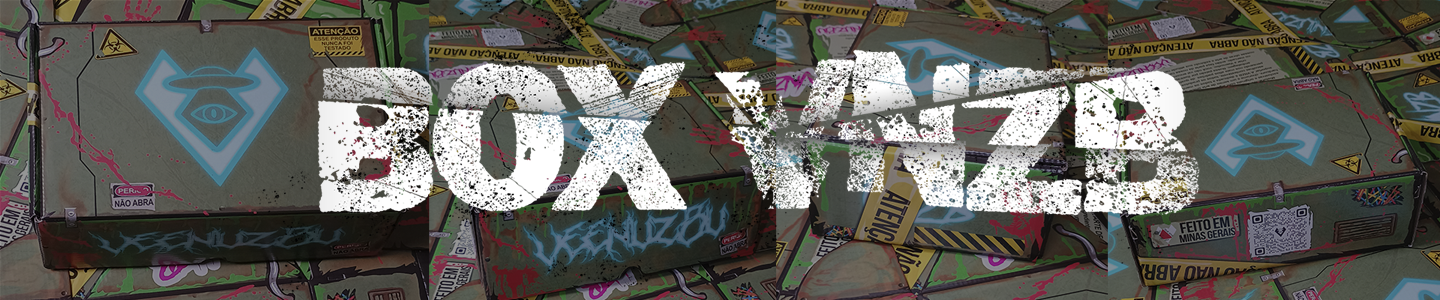Faixa em estilo grafite com a inscrição “BOX WIZR” em branco sobre um fundo escuro e colorido.