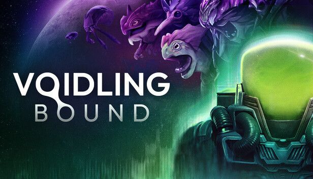 Arte do jogo Voidling Bound com uma figura de capacete verde neon e criaturas alienígenas roxas em uma cena sombria de ficção científica.
