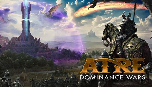 Arte de jogo de fantasia com um cavaleiro, céu roxo brilhante e o título “AIRE: Dominance Wars”