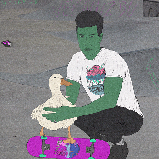 Uma pessoa de pele verde está agachada ao lado de um pato branco que está em um skate roxo.