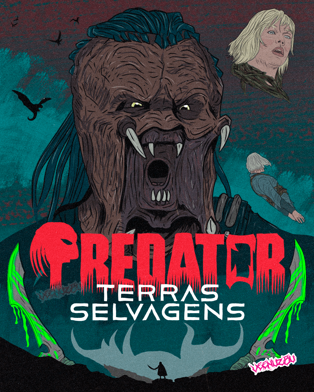 Pôster do filme Predador: Terras Selvagens, apresentando um Predador rosnando com longas presas sobre um fundo verde-azulado escuro.