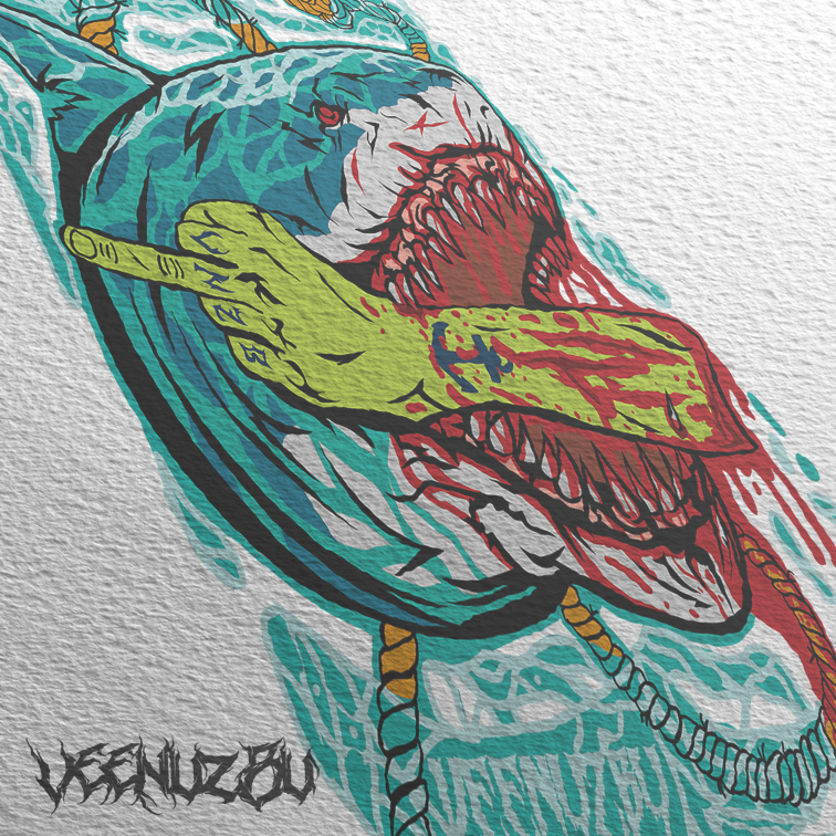 Pássaro colorido em estilo grafite sobre uma parede texturizada, com detalhes pintados com spray nas cores verde-azulado, amarelo, vermelho e preto.
