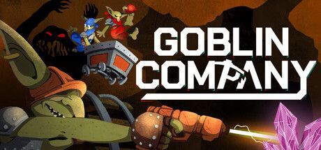 Arte do jogo Goblin Company com goblins andando em uma carroça, um monstro verde e cristais brilhantes em um campo de batalha escuro.