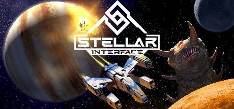 Logotipo do jogo Stellar Interface sobre uma cena espacial com planetas, estrelas e uma espaçonave.