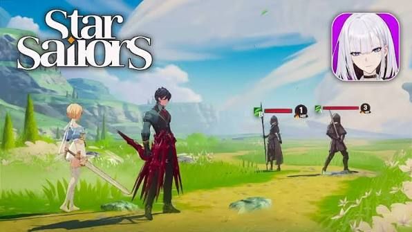 Cena do jogo Star Sailor com três personagens em um campo gramado e um pequeno avatar de anime sobreposto no canto.